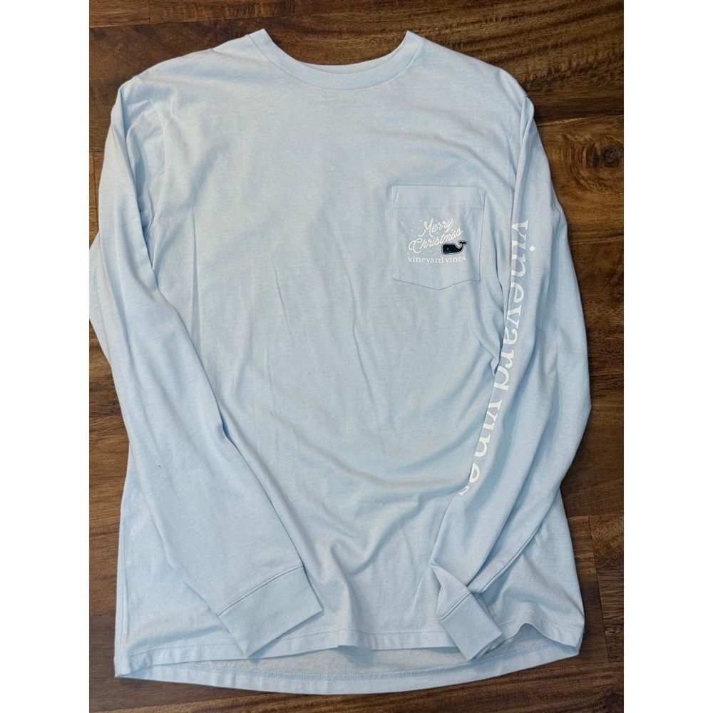 Vineyard Vines Mens Merry Christmas Truck Pocket Long Sleeve T-Shirt Blue Small